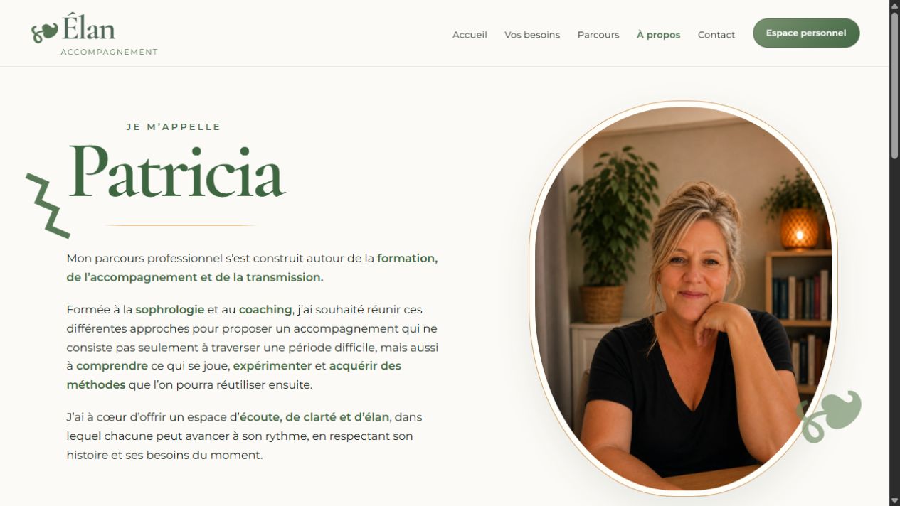 Page à propos de Patricia sur le site Élan